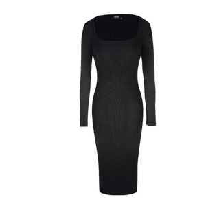 Midi Dress Long Sleeve Bodycon Ribbed Knit Square Neck Stretch Black Size 0